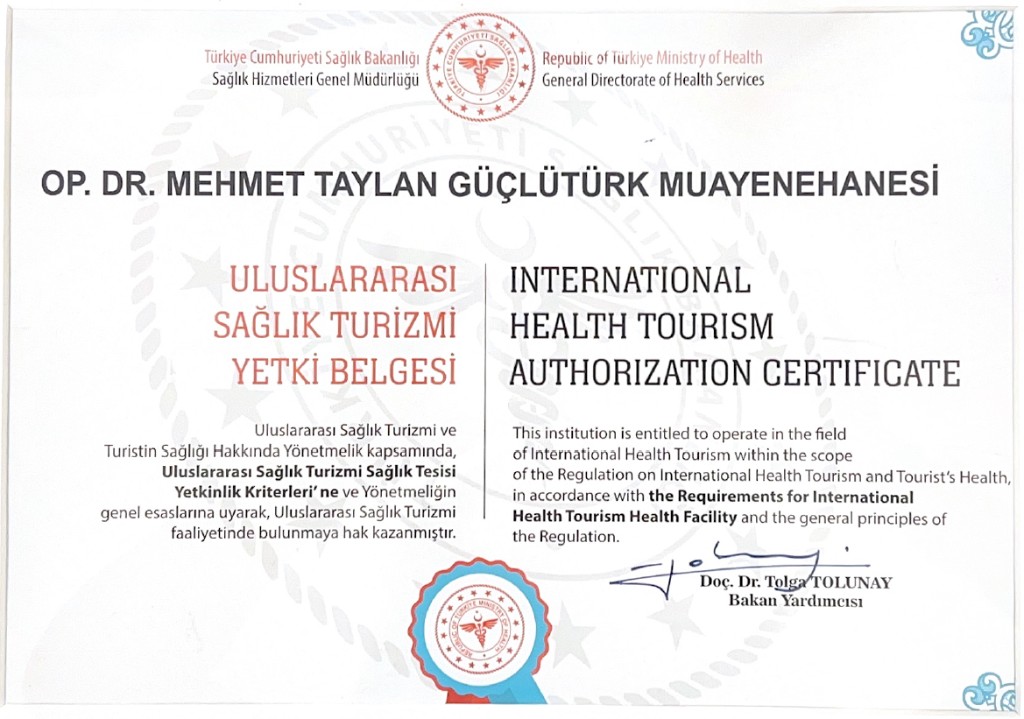 Op. Dr. Mehmet Taylan Güçlütürk — Uluslararası Sağlık Turizmi Yetki Belgesi